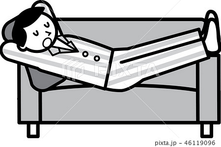 ソファに横になるパジャマ姿の男性のイラスト素材