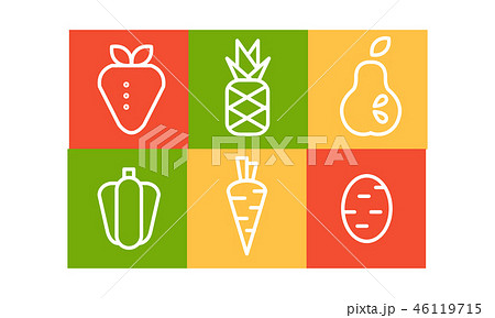 Vector set of fruits and vegetables in linear style in colorful squares. Organic and healthy food 46119715