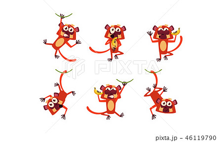 Flat vector set of funny brown lemur in different actions. Wild monkey with various emotions 46119790