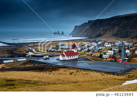 Beautiful Red Church at Vik village, Iceland. 46123693