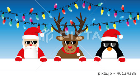 Cool Reindeer Santa And Penguin Cartoon With のイラスト素材