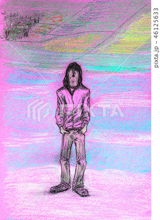 A man in jeans and a hooded jacket stands with his hands in his pockets and looks up. Drawing with 46125633