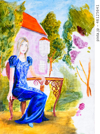 A girl in a blue dress sits at a table in the garden of a rich name. Watercolor paint, painting in A girl in a blue dress sits at a table in the garden of a rich name. Watercolor paint, painting in 46125641