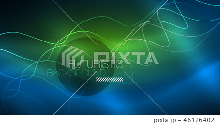 Glowing abstract wave on dark, shiny motion, Christmas and New Year magic space light. Techno 46126402