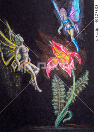 Fairy-tale elves with wings fly around the flower Fairy-tale elves with wings fly around the flower 46127338
