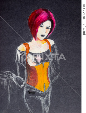 Portrait of a girl with a corset and red hair. Drawing on black paper 46127346