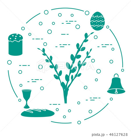Easter cake, willow branches, bell, bowl, egg 46127628