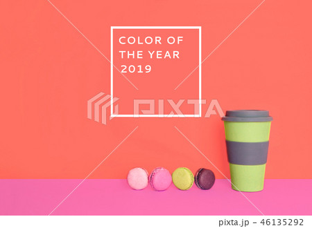 Cup of coffee to go with macarons on trendy background. 46135292