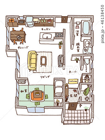 家の内面図 文字 こたつあり のイラスト素材