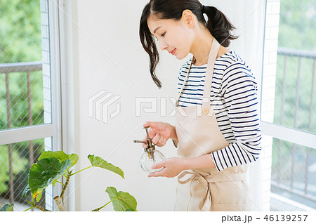 観葉植物に水をあげる女性 観葉植物に水をあげる女性 46139257