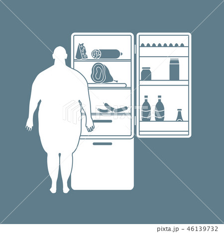 Fat man stands at the fridge full of food Harmful Fat man stands at the fridge full of food Harmful 46139732