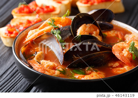 Freshly cooked seafood bouillabaisse soup 46143119