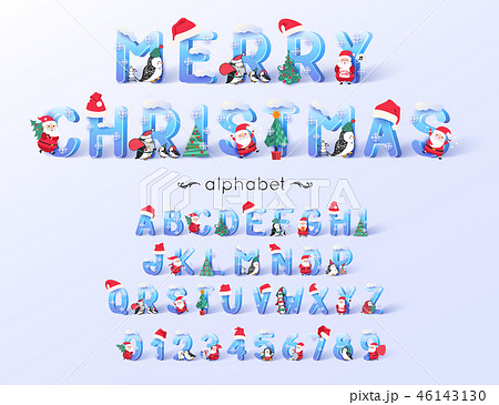 Vector Christmas font and alphabet. 3d ice letters decorated with new year symbols Santa Claus, tree 46143130