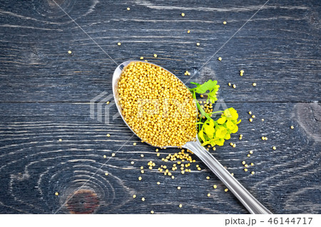 Mustard seeds in metal spoon with flower on board Mustard seeds in metal spoon with flower on board 46144717