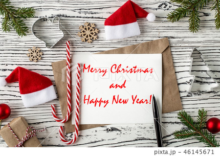 Merry Christmas and happy new year greetings postcard. Top View. 46145671