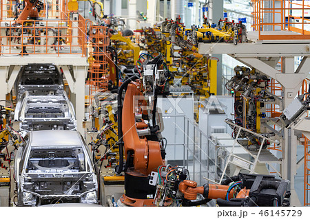 body of car on conveyor Modern Assembly of cars at plant. automated build process of car body 46145729