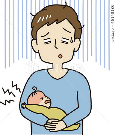 泣き止まない赤ちゃんに疲れるパパのイラスト素材