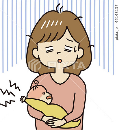 泣き止まない赤ちゃんに疲れるママのイラスト素材