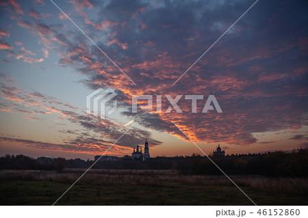 Silhouette of the church of Michael the Archangel at sunrise. Mikhali village, Suzdal 46152860