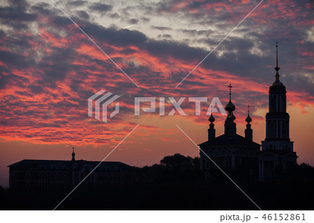 Silhouette of the church of Michael the Archangel at sunrise. Mikhali village, Suzdal 46152861