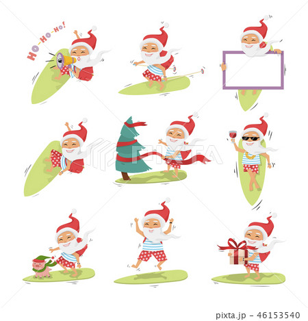 Santa Claus On Surfboard With Gifts In Backpackのイラスト素材