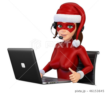 3D Woman christmas superhero with laptop 46153645