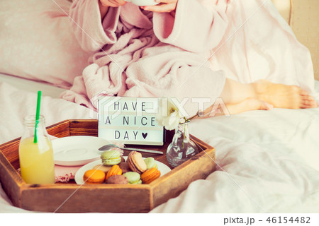 Breakfast in bed with Have a nice day text Breakfast in bed with Have a nice day text 46154482