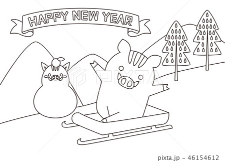 ぬり絵年賀状19 そり滑りする猪 Happy New Yearのイラスト素材