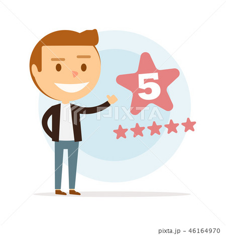 Happy young man puts five stars. Online reviews.  46164970
