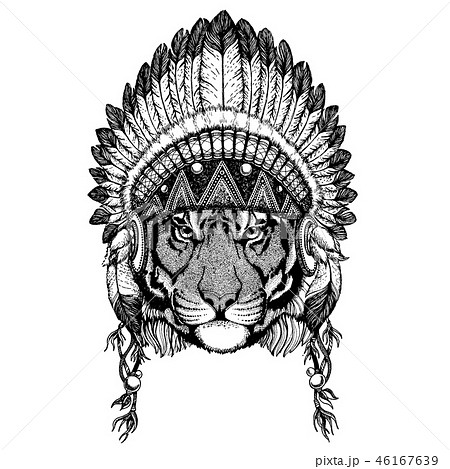 Wild tiger. Zoo. Animal wearing inidan headdress with feathers. Boho chic style illustration for 46167639