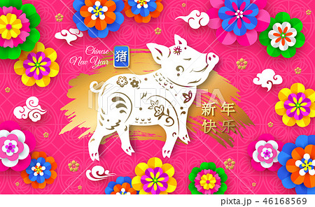 Happy Chinese New Year 2019 with gold pig on colorful background. Vector illustration. Translation 46168569
