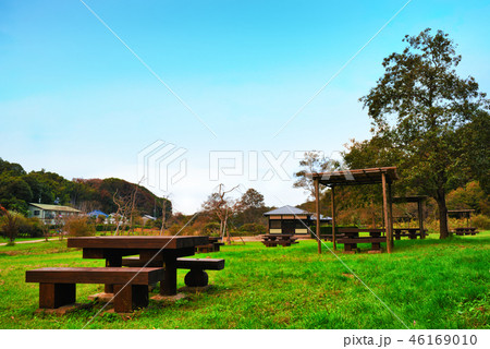 21世紀の森と広場　みどりの里　里の茶屋とイスとテーブル 46169010