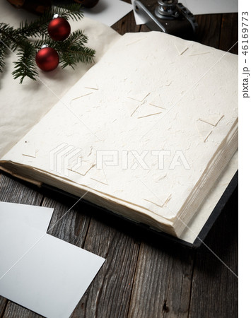 Photo album, photos, camera and pine tree branch. Photo album, photos, camera and pine tree branch. 46169773