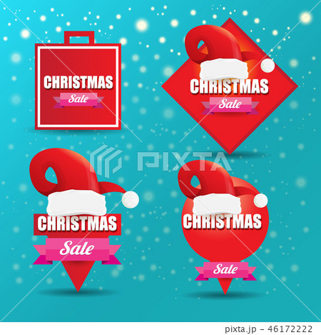 vector Christmas sales paper banner or tag label with red santa hat on snowy azure background with 46172222