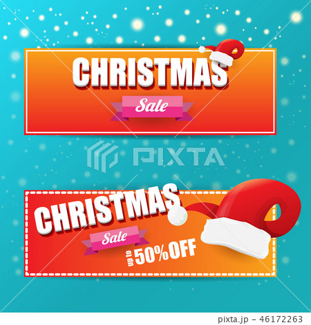 vector Christmas sales paper banner or tag label with red santa hat on snowy azure background with 46172263