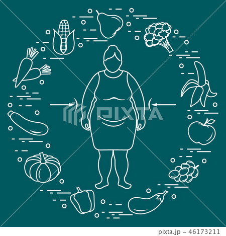 Fat woman with healthy food around her Healthy 46173211