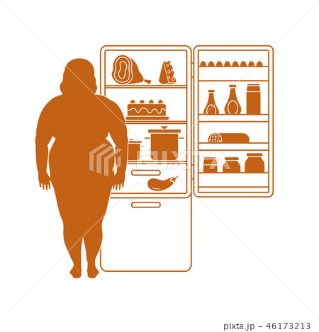 Fat woman stands at the fridge full of food 46173213