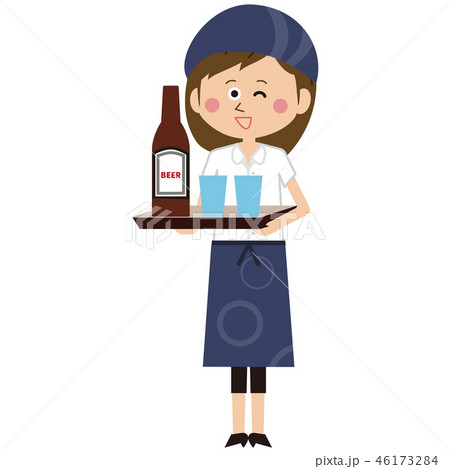 ポップな居酒屋店員の女性が瓶ビールを運ぶのイラスト素材