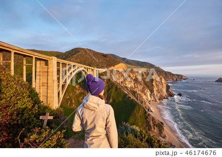 Woman tourist near Bixby Creek Bridge in California 46174676