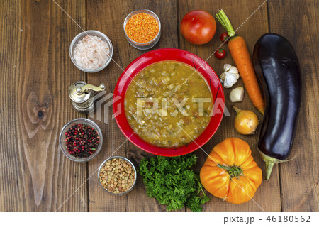 Vegetable soup with lentils and aubergines 46180562