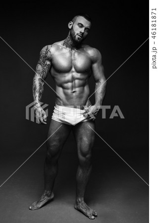 Black and white contast portrait of sexy man with muscular body. Sexi male model. Hot macho 46181871