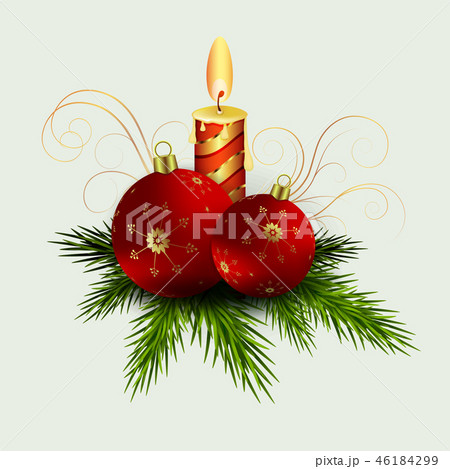 Christmas composition of green spruce branches, a burning candle, balls with snowflakes, 46184299
