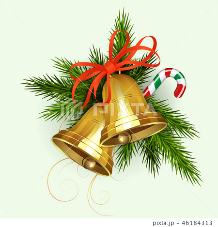 Christmas arrangement of spruce green branches, golden bells and a staff. 46184313