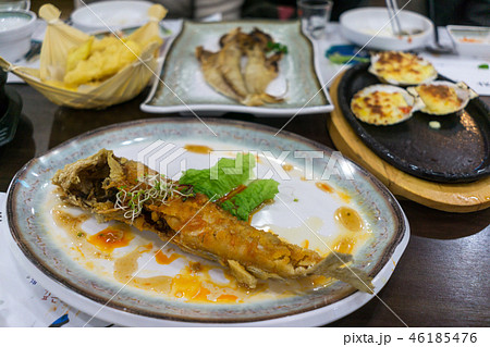 fried fish on a plate fried fish on a plate 46185476