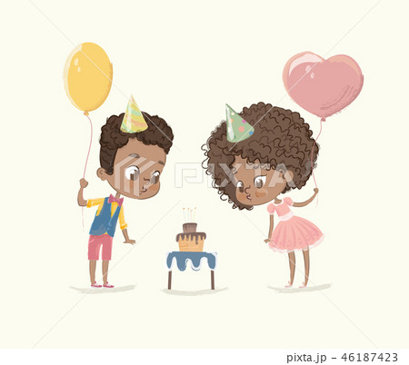 Birthday Party Characters. Cite African-American Boy Blowing Out Candle on Cake. African Americn 46187423