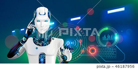 Robot works at factory. Humanoid cyborg or android with ai taps the button on the virtual HUD Robot works at factory. Humanoid cyborg or android with ai taps the button on the virtual HUD 46187956