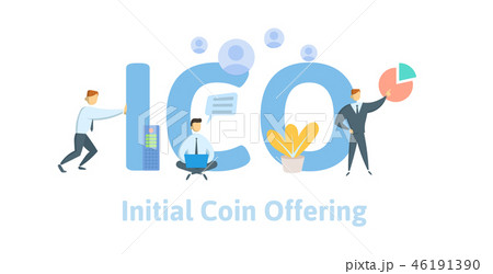 Initial Coin Offering, ICO. Concept with computer user, letters and icons. Flat vector illustration Initial Coin Offering, ICO. Concept with computer user, letters and icons. Flat vector illustration 46191390