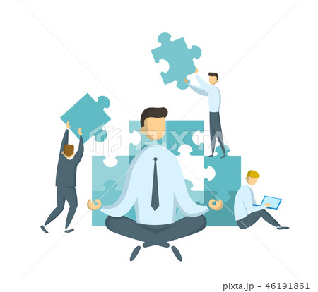 Businessman in lotus pose watching puzzle pieces being put together. Teamwork and leadership. Leader 46191861