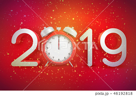 3d rendering of digits 2019 with a retro alarm clock instead of a zero digit on red background with 3d rendering of digits 2019 with a retro alarm clock instead of a zero digit on red background with 46192818