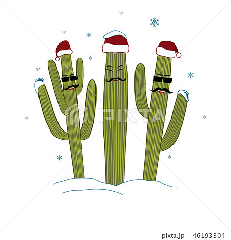 Three Christmas Saguaro Cactuses. Winter in tropical climate concept. Three cacti friend in Santa Three Christmas Saguaro Cactuses. Winter in tropical climate concept. Three cacti friend in Santa 46193304